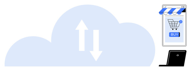 Obraz premium A large cloud with arrows indicating uploading and downloading. Nearby, a smartphone with a shopping cart and a laptop. Ideal for cloud storage, online shopping, digital marketing, technology