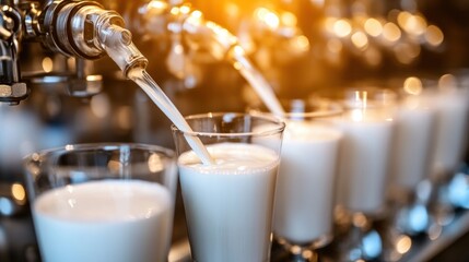 A milk dispenser pouring fresh milk into glasses in a commercial setting.