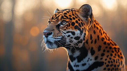 Obraz premium Majestic jaguar portrait at sunset, showcasing its spotted coat and intense gaze.