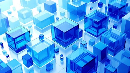 Innovative Tech Background with Neatly Arranged Translucent Cubes. Turquoise and Black