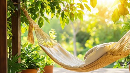 slow life relaxation concept. A cozy hammock surrounded by lush greenery and warm sunlight invites relaxation.