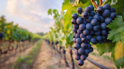 Fototapeta premium Vineyard Harvest: A close-up of a plump, juicy bunch of ripe red grapes hanging from a vine in a picturesque vineyard, bathed in the warm glow of the setting sun.