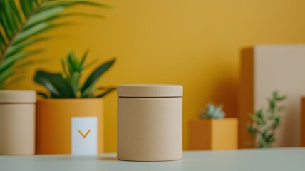 Beige Cylinder Container Mockup:  Stylish product packaging on a minimalist table setting with succulents and palm plants against a vibrant yellow backdrop.