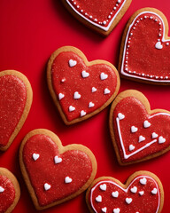  Heart-shaped Valentine's Day Cookies on a Red Surface