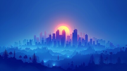 Silhouette of a city skyline at sunset, with hills and trees in the foreground.