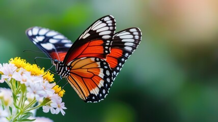 Naklejka premium Butterfly on Flower: A vibrant Plain Tiger butterfly delicately perched on a cluster of small white flowers its wings showcasing intricate patterns of orange, black and white against a soft.