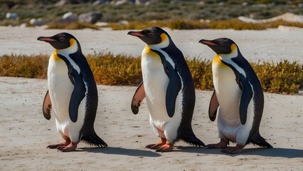 Fototapeta premium Panorama of penguins in a row, South Africa