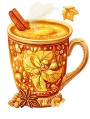 A decorative mug filled with hot beverage, garnished with cinnamon and autumn leaves.
