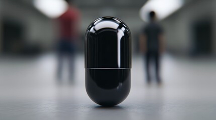 Closeup of a solitary black pill on table, depiction of healthcare, medicine, and wellness.