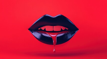 Sexy Vampire Woman lips with blood,Dripping blood on mouth, witches or beast creatures,female lips with fangs,horror holiday monsters,Vampire makeup Fashion Art design,Halloween banner background.