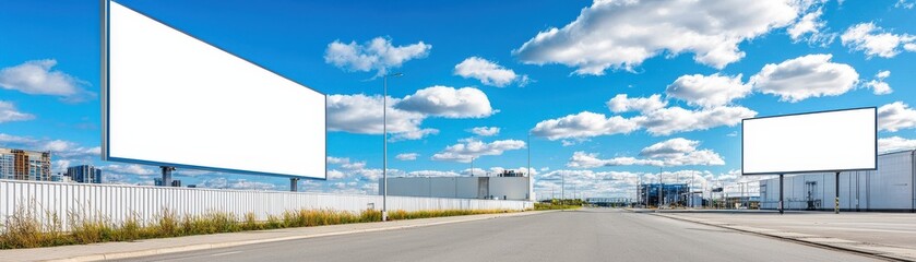 Obraz premium Two empty billboards stand alongside a clear road under a bright blue sky with fluffy clouds, offering space for advertisements.