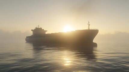 Obraz premium Cargo ship at sunrise over calm ocean. Silhouetted container vessel navigating through misty morning.