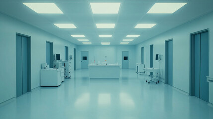 Empty hospital room with a desk in the center. 