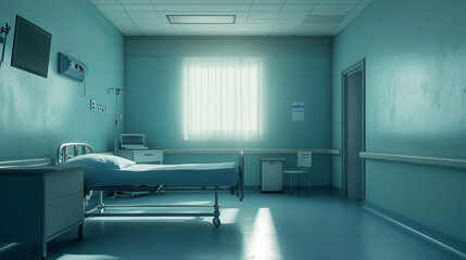 Empty hospital room with medical equipment and a comfortable bed for patient care. 