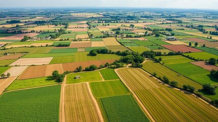 Fototapeta premium Aerial view of colorful mixed cultivation farm fields showcasing diverse crops, countryside, agricultural landscape