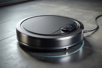 3D Robot Vacuum Cleaner, Dry Cleaning, Black, Wireless Charging, Gray Background, Realistic Product Photography