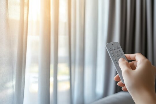 Remote control automation adjusting smart curtain in modern living room with soft sunlight, emphasizing home technology and convenience depicted with warm tones and minimalist style