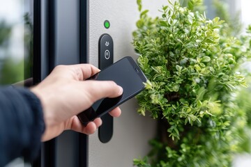 Smart home entry technology with phone access near greenery for eco-friendly modern living design concept. Crisp focus on hand, digital lock, and lush green plant create fresh, innovative mood