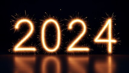Gold Sparkler Firework Text with 2024 Caption on Black. New Year Banner.