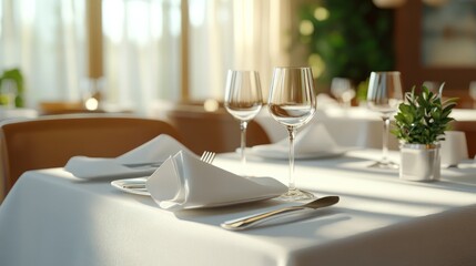 Elegant restaurant table setting with sunlight.