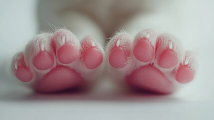 Close-up of adorable pink cat paws resting on a soft surface.