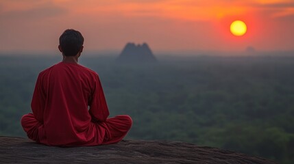 Man in meditation posture, sunset view from a mountain top.