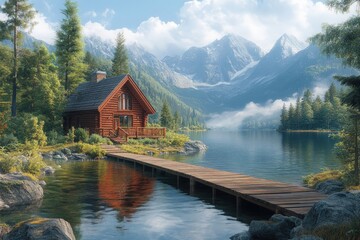Fototapeta premium Secluded cabin, lake, mountains, wooden dock.
