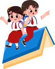 Happy School Kids Riding a Flying Book for Educational Adventures