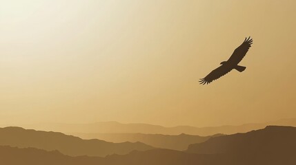 Fototapeta premium Majestic Hawk Soaring Above Silhouetted Mountains and Serene Landscape During Golden Hour with a Warm Sunset Glow and Dreamlike Atmosphere