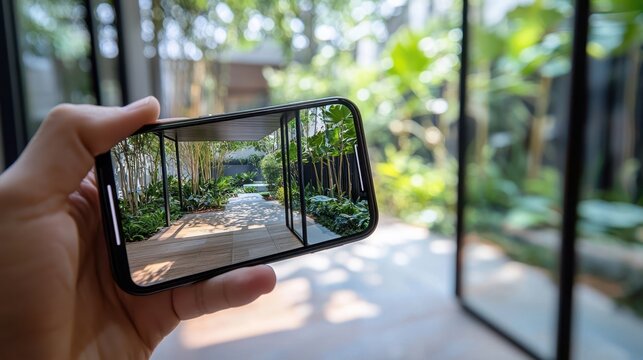 Mobile technology and augmented reality explore modern garden design with greenery and wooden deck in vivid natural colors for architecture inspiration and virtual decor trends
