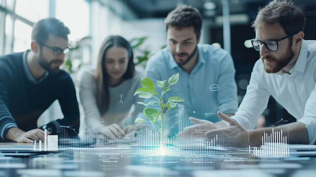 Team Growing Sustainable Business: A diverse team of young professionals collaborates around a glowing plant, symbolizing growth and innovation in a modern, tech-focused office.