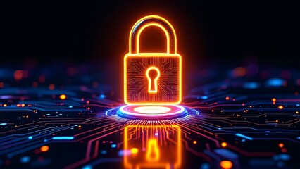 Orange and Yellow Security Technology Concept with lock symbol as a neon light. Vibrant colored icon, on a black background with high tech floor.