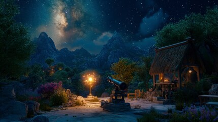 Fototapeta premium Enchanted Night Landscape Featuring Telescope Under Starry Sky and Abundant Nature Surrounding Cozy Cottage in a Serene Mountain Setting