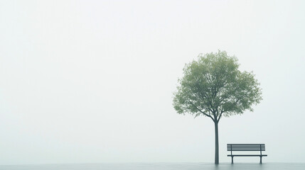 Solitude in the Mist: A solitary bench sits beneath a small tree, shrouded in a thick, ethereal fog.  A tranquil scene evoking feelings of peace and contemplation. 
