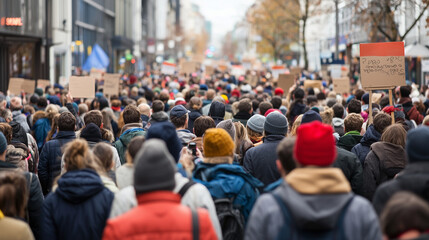 City Protest March: A sea of people march down a city street, their signs and backs to the camera creating a powerful image of collective action and social change.  