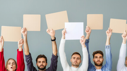 Group of People Holding Blank Signs: A group of diverse individuals raise their voices, holding blank signs in a powerful display of unity and expression. Capture the essence of protest, activism.