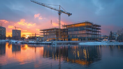 Sunset over modern building under construction reflected in calm water.