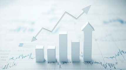 Growth and Recovery: A minimalist 3D bar graph, with a dynamic arrow pointing upwards, symbolizes an upward trend, financial growth, and economic recovery over a background of subtle data patterns.