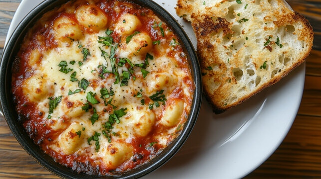Artistic shot of baked ziti with vibrant red sauce and bubbly cheese