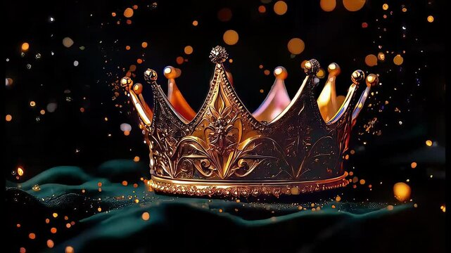 A stunning golden crown shining against a dark background with sparkling bokeh effect.