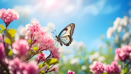 Art Beautiful blurred spring background nature with blooming glade, butterfly and blue sky on a sunny day
