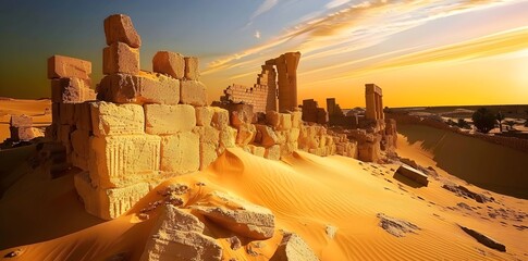 Ancient desert ruins crumbling and half-covered by sand, an illustration of a lost era
