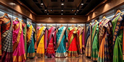 An elegant display of colorful sarees and sherwanis in a boutique setting, luxury, colorful