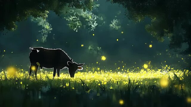 A serene cow grazing in a glowing meadow illuminated by fireflies.