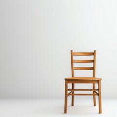 A simple wooden chair stands against a blank wall, emphasizing minimalism and functionality in design.