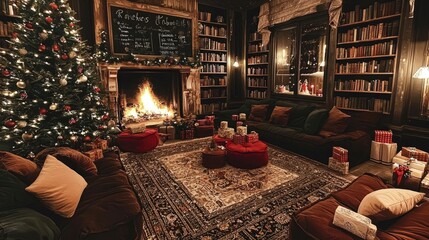 Cozy Christmas Evening in a Library with Fireplace and Christmas Tree