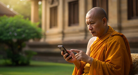 Obraz premium buddhist monk using a mobile phone