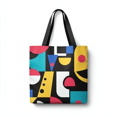 A colorful tote bag featuring abstract shapes and patterns in a modern design, perfect for stylish and functional use.