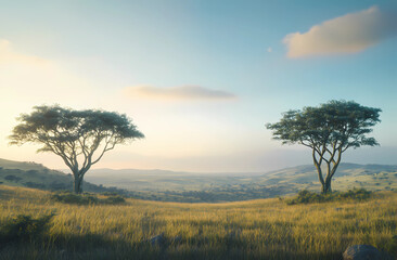 Fototapeta premium Wide shot of a savannah landscape with acacia trees, grassland, blue sky, and soft light