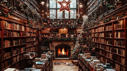 Christmas in a Grand Library Festive Bookshelves and Christmas Tree